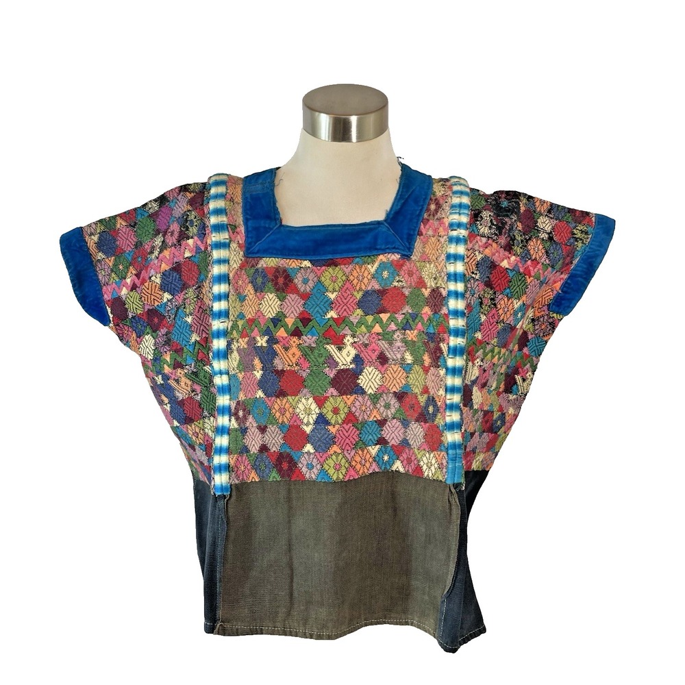 Vintage Guatemalan Huipil Poncho Handwoven‎ Textile Blouse Blue Velvet Trim Boho